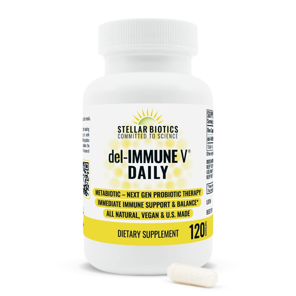 Del-Immune V® Daily by Stellar Biotics, All-Natural Immune Support & Gut Health, Immediat Care, Metabiotic: NextGen Probiotic Terapia (120 Caps)
