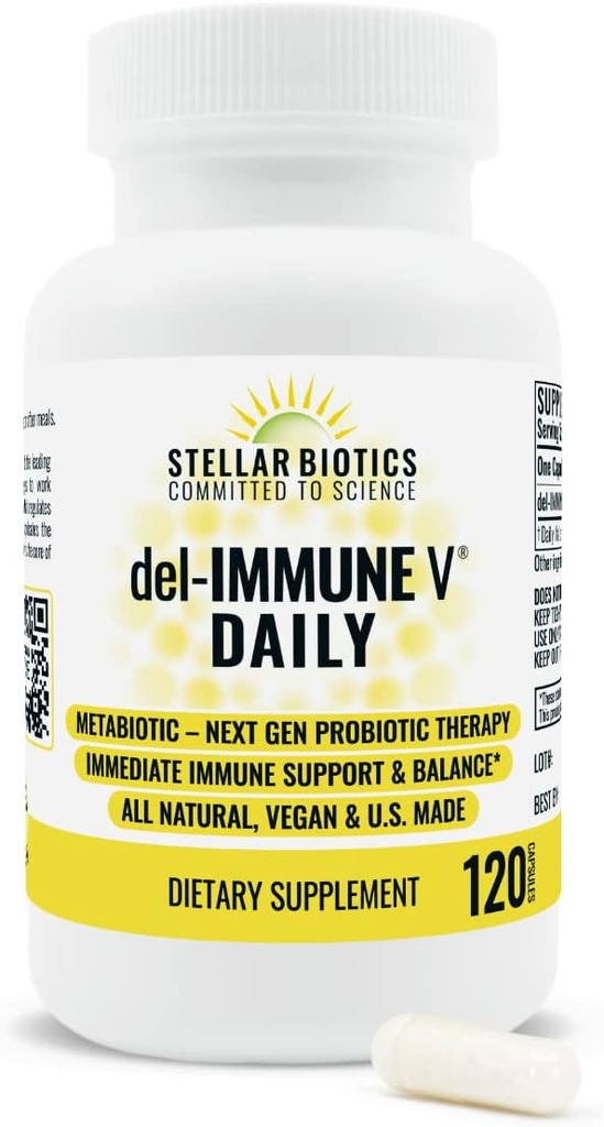 Del-Immune V® Daily by Stellar Biotics, All-Natural Immune Support & Gut Health, Imediat Care, Metabiotic: NextGen Probiotic Terapia (120 Caps)
