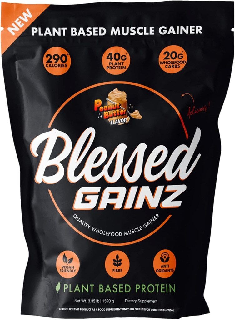 BLESSED Gainz Vegan praf de proteine în masă Gainer - 40g de plante pe bază de praf de proteine - Masa de schimb Shake cu Pea Proteina pulbere - Vegan Proteina Shake - 40 Serviri (Unt de Peanut)