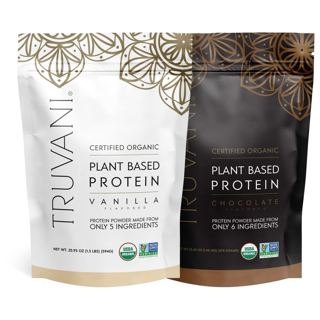 Pudră de proteine pe bază de plante Truvani - USDA Certified Organic, Vegan, Non-GMO, Dairy Free, Soy Free, & Gluten Free - 2 Pachete de 20 Serviri Fiecare (Chocolate & Vanilla)