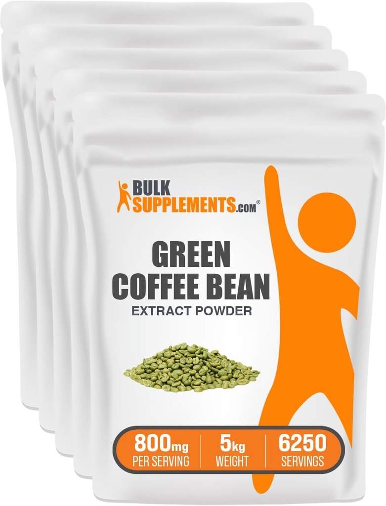 BulkSupplements.com Green Coffee Bean Extract de pulbere - Green Bean Suplimente, Green Coffee Bean Powder - Suport Energetic, Gluten Free, 800mg per Serving, 5kg (11 lbs) (Pachet de 5)