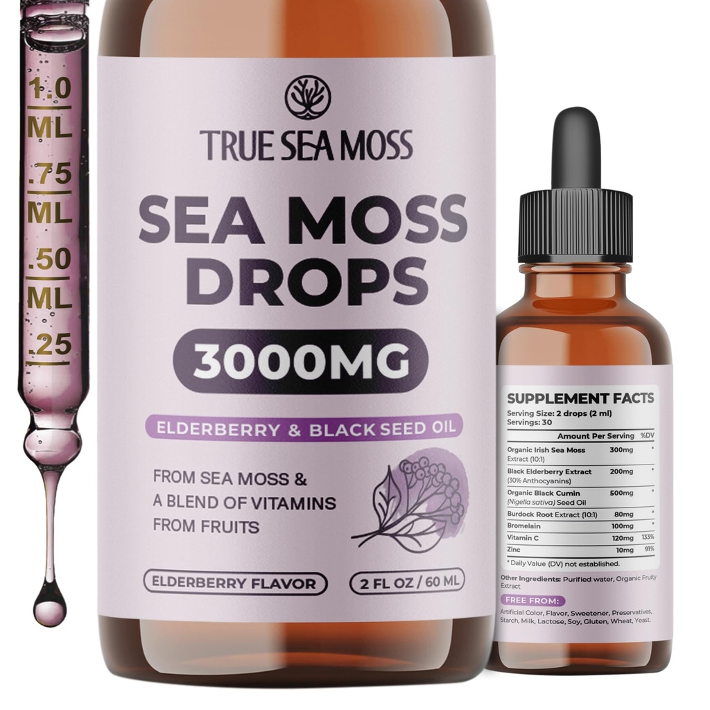TrueSeaMoss Irish Sea Moss scade - 5X mai puternic decât Sea Moss Gel - 92+ Essentials Minerale - cu Black Elderberry, Brodock Root & Black Chimin - 2 Fl Oz (60ml) - Elderberry Flavor
