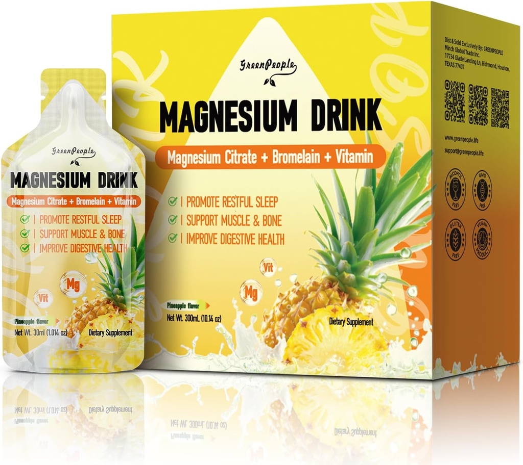 GREENPEOPLE 7-in-1 Citrat de magneziu lichid, Citrat de magneziu Suplimente băutură cu 280 mg magneziu, zinc, Bromelain, vitamina C D3 B6, Muscle & Sleep Support pentru copii și adulți, 1 fl.Oz (10Pcs)
