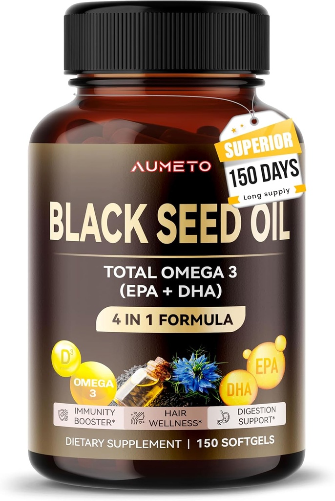 Ulei organic negru de semințe - 150 Softgel - 100% rece presat Sursa de Omega 3 (EPA + DPA) - Piele, păr, suport imunitar (150 Conte (Pachet de 1)