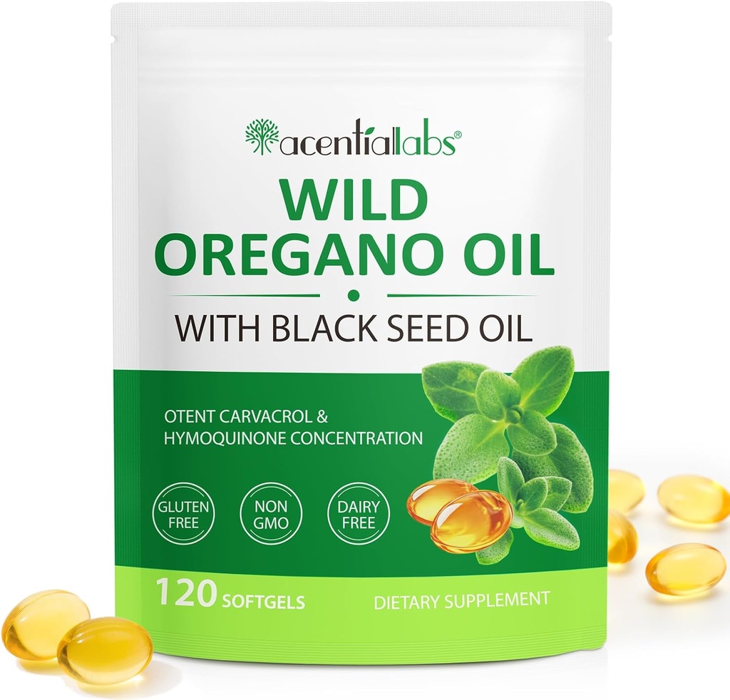 Ulei de Oregano Softgels, 120 Conte Oregano Supliment capsule de ulei, 2 la 1 6000 mg Ulei de Oregano cu ulei de semințe negru 200mg, Extract de ulei organic Oregano, non-GMO, Gluten gratuit