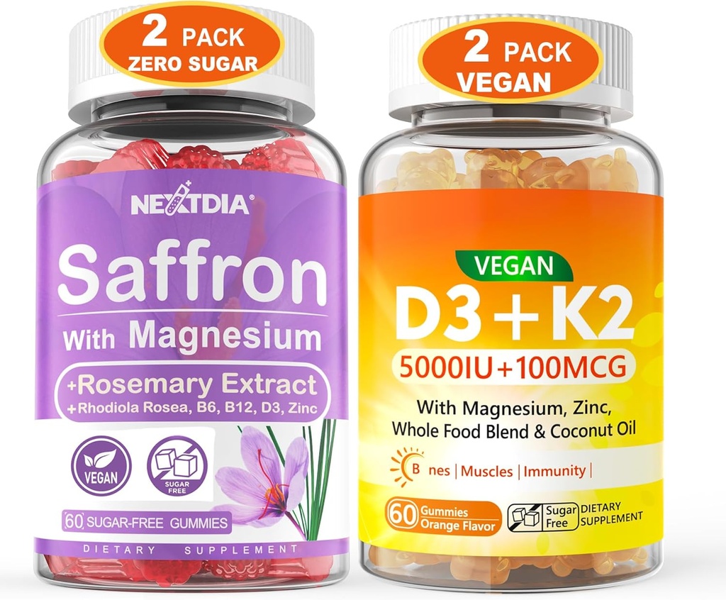 2Pack Saffron Suplimente Gummies + 2Pack Vegan Vitamina D3 5000UI K2 Gummies, Whole Food Blend, Ulei de cocos, Magneziu