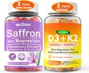 2Pack Saffron Suplimente Gummies + 2Pack Vegan Vitamina D3 5000UI K2 Gummies, Whole Food Blend, Ulei de cocos, Magneziu