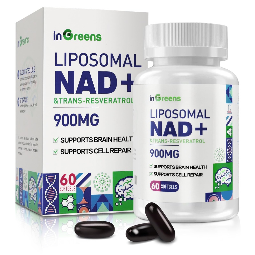 900 mg NAD lipozomal Supliment cu Trans Resveratrol 300 mg, înlocuiește NMN, Absorbție superioară, Adevărat NAD Plus Supliment pentru repararea ADN-ului și Boost NAD+, Aging Defense, Energie, Longevitate, 60 Softgels