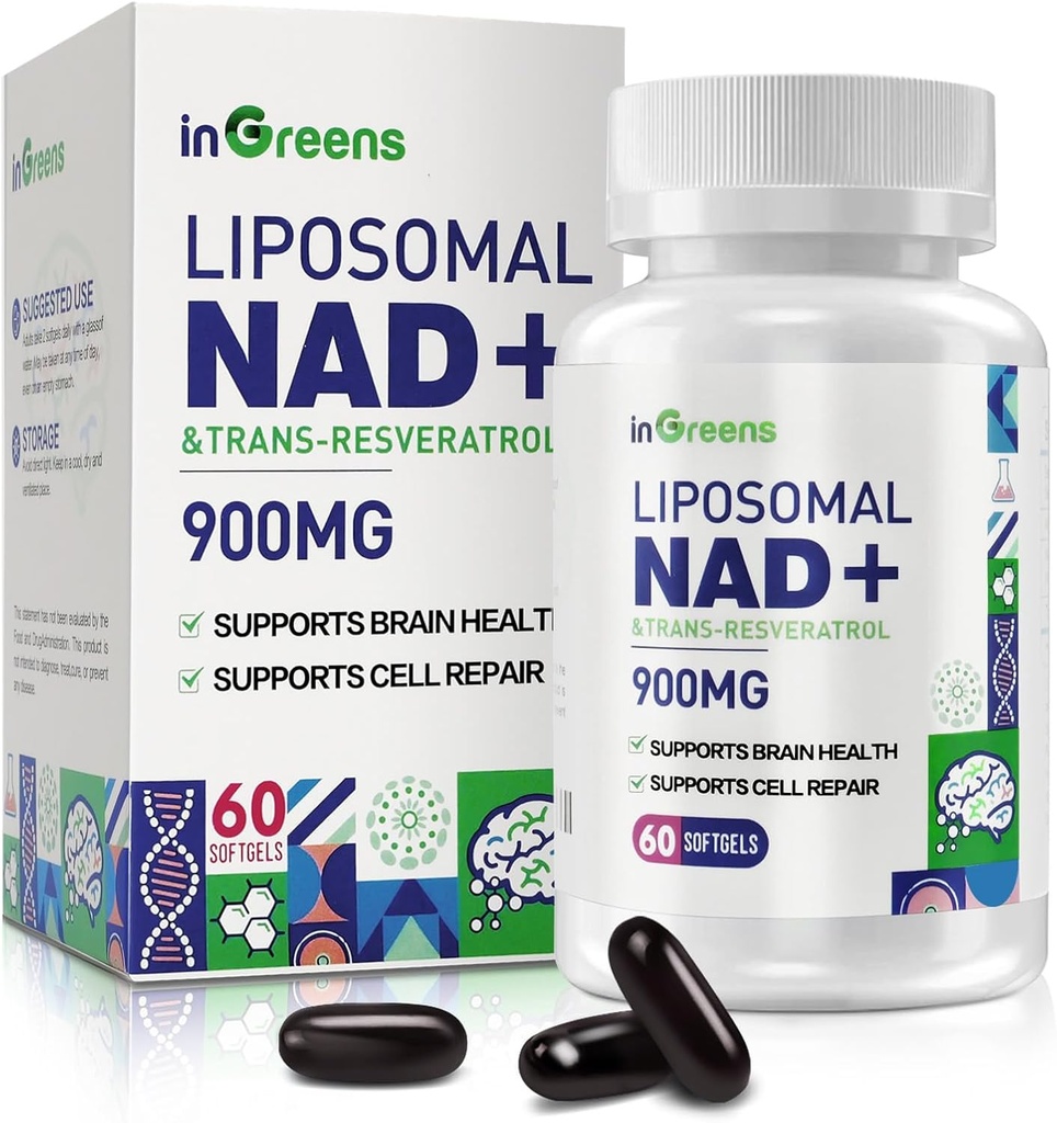 900 mg NAD lipozomal Supliment cu Trans Resveratrol 300 mg, înlocuiește NMN, Absorbție superioară, Adevărat NAD Plus Supliment pentru repararea ADN-ului și Boost NAD+, Aging Defense, Energie, Longevitate, 60 Softgels