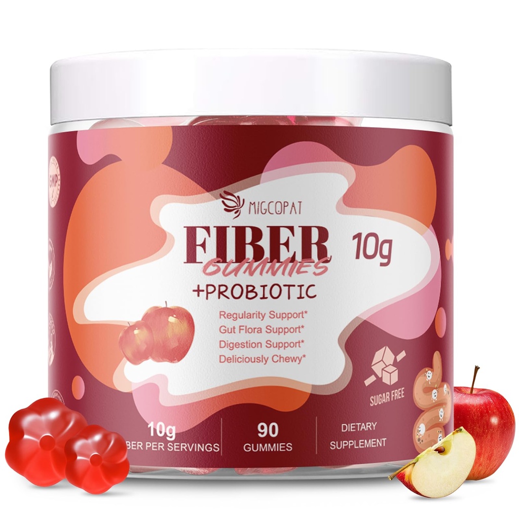 Fibră Gumries cu Probiotice,10G Fibră per Servire fără zahăr Adăugat aroma de mere, cu 10 miliarde CFU Probiotice Blend, Oțet de cidru de mere, Vitamina C, Inulin, Suport Bloating 90 Conte