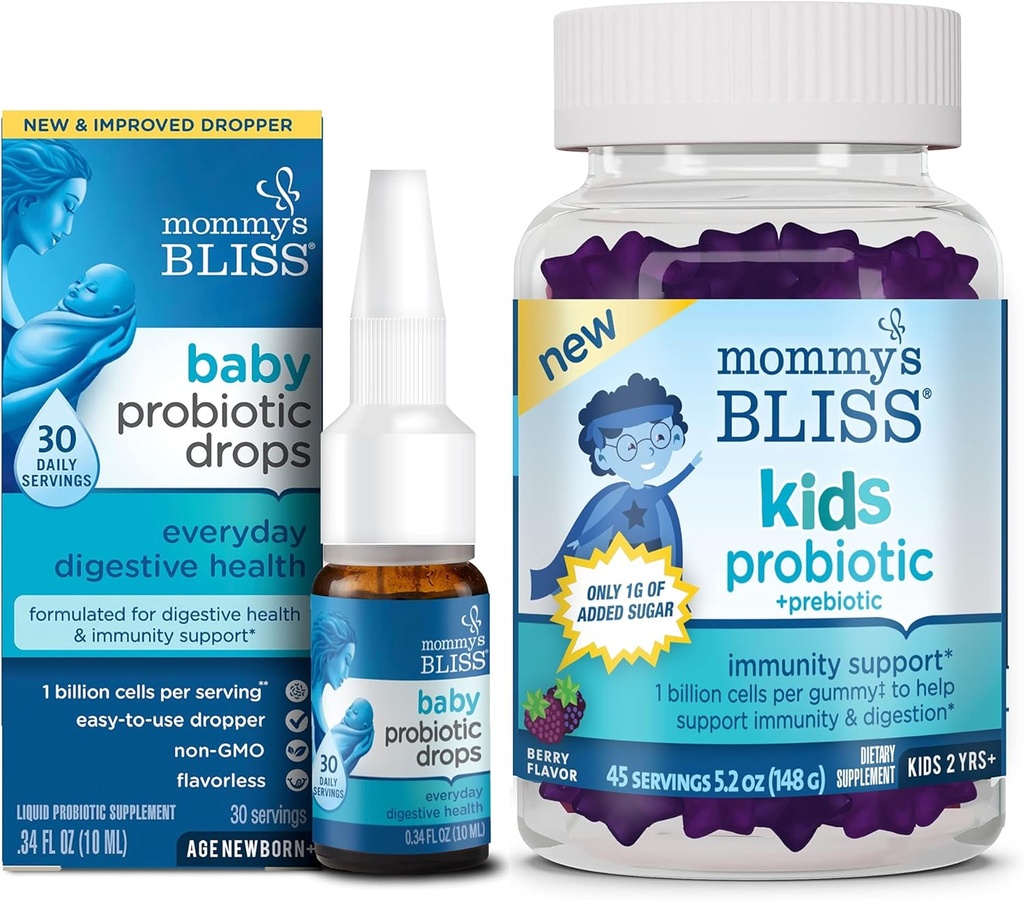 Bliss Baby Probiotic Drops în fiecare zi 30 Serviri (Pachetul de 1) cu copii Probiotic + Prebiotic Gumies 45 Serviri (Pachetul de 1), Suportul imunitate pentru toate vârstele: Nou-născuți pentru copii și adulți