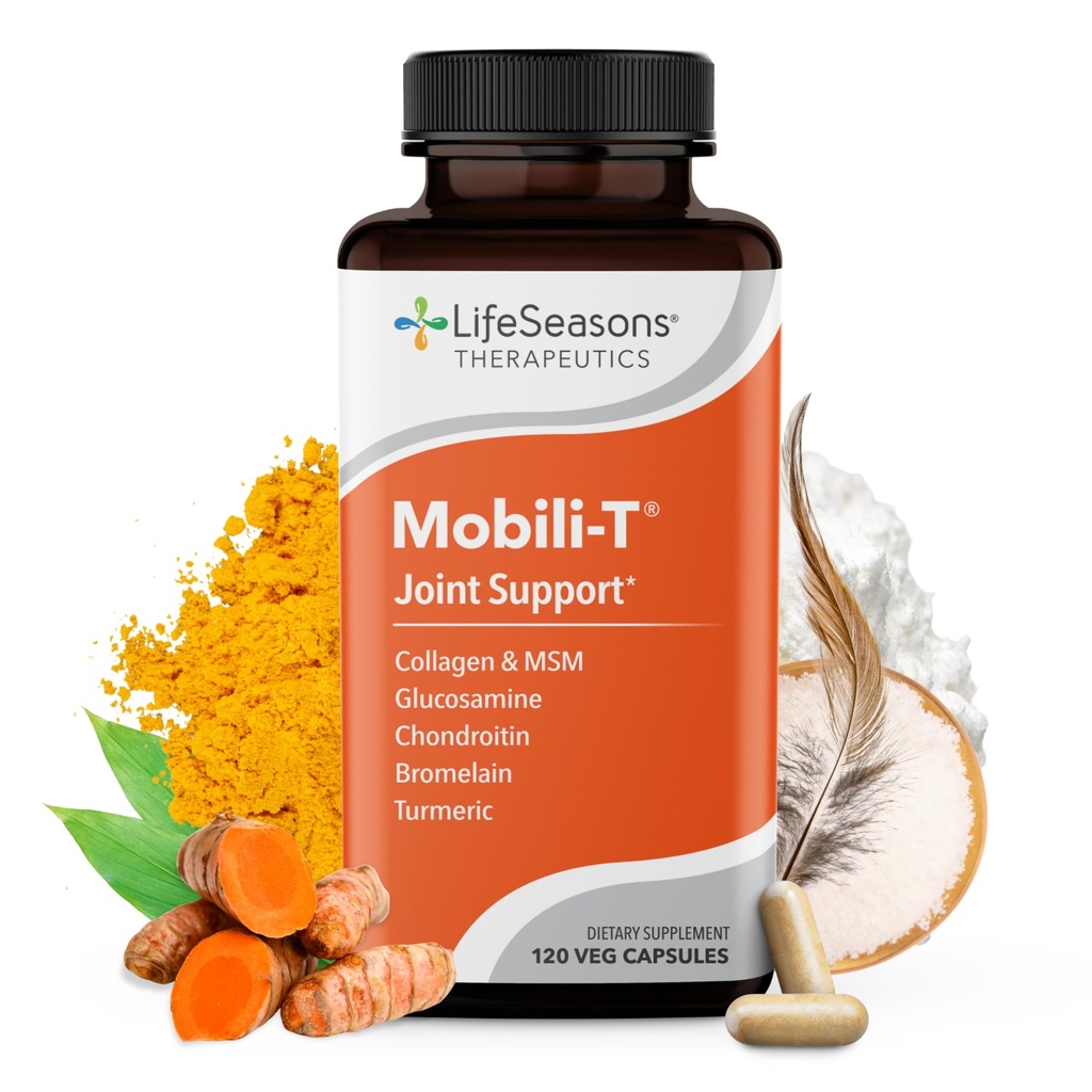 LifeSeasons Mobili-T - Supliment de suport comun - Reduce durerile și discomforturile - Creșterea intervalului de mișcare - Reconstrucție țesut și cartilaj - MSM Chondroitin Colagen Glucosamine și Turmeric - 120 capsule