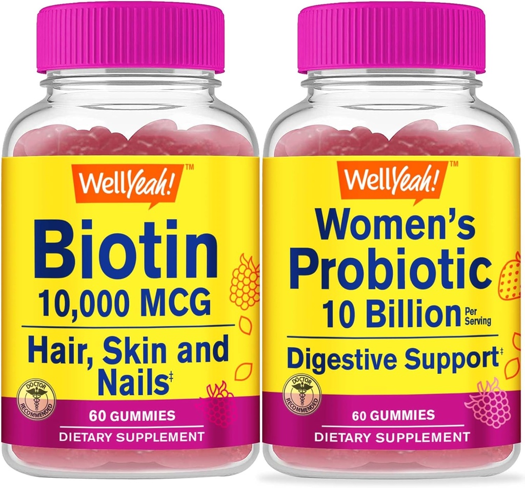 Ei bine, mare potenta Biotina + Probiotice Femei 10B CFU, Gume Bundle - mare Tasting, Supliment de vitamine, Gluten gratuit, OMG gratuit, Guma de mestecat