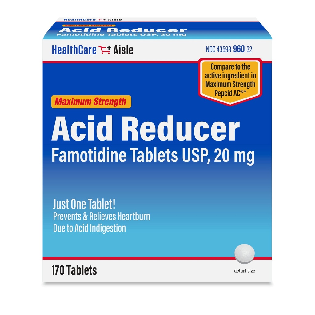 HealthCareAisle Famotidină 20 mg, 170 comprimate, Reductor de acid de rezistență maximă, Preveni și Relieves Arsuri la stomac cauzate de indigestie acidă