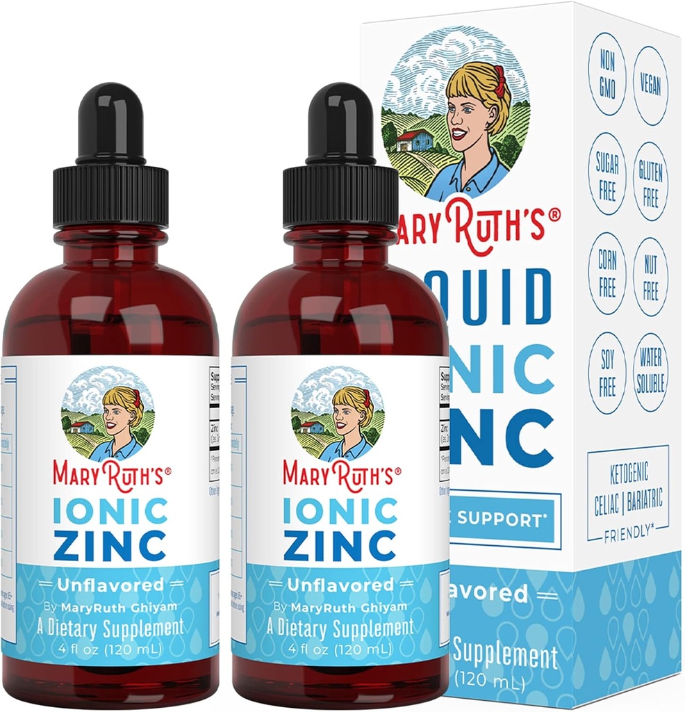 MaryRuth Organics, Ionic Zinc lichid picături pentru suport imunitar neflavorat 4oz. (120 ml) 2 ambalaj