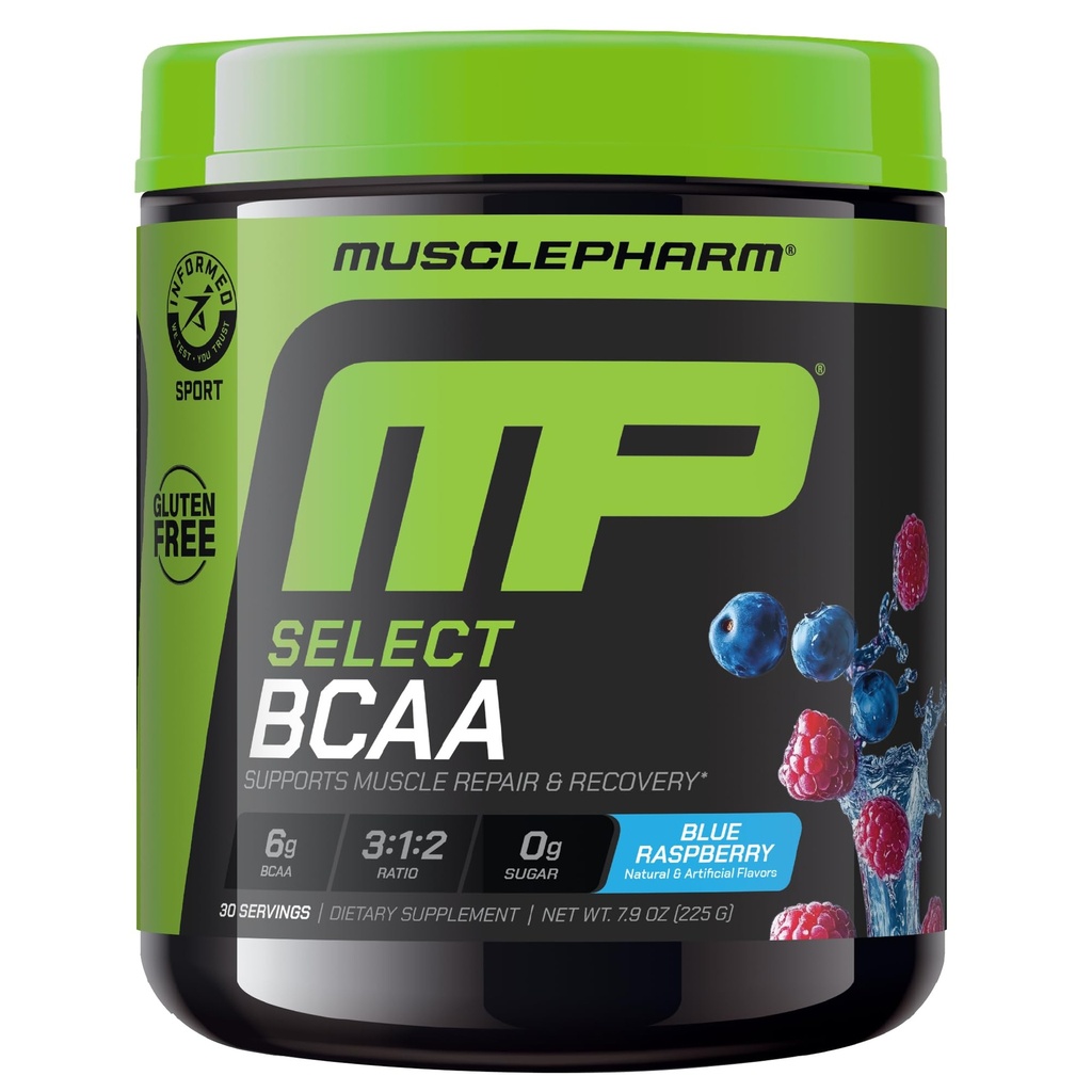 MusclePharm Essentials BCAA Powder, Pre & Post Workout Recovery Drink, Suportă Recuperare musculară și producția de energie, Suplimentul de aminoacizi esențiali, 30 Serviri, aroma de zmeură albastru