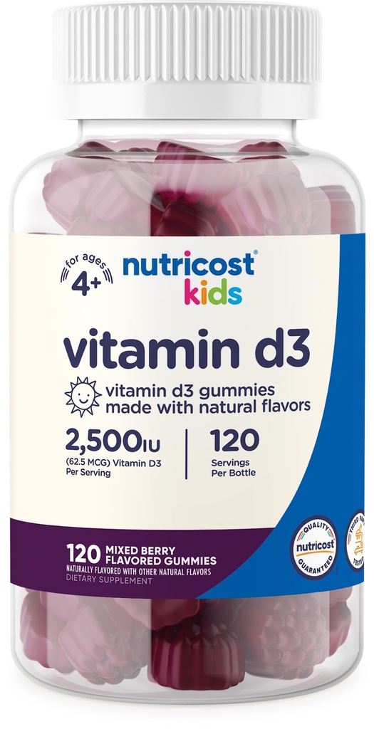 Nutricost Kids Vitamina D3 Gume 2,500 UI (62,5mcg), 120 Gume - Aroma mixta de Berry
