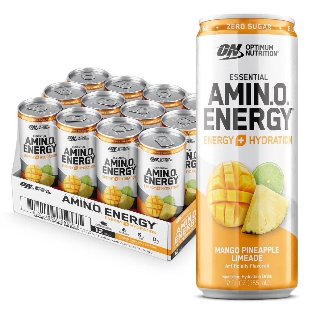 Optimum Nutrition Amino Energy Sparkling Hydration Drink, Electroliti, Cafeina, Amino Acids, BCAAs, Sugar Free, Mango Ananas Limeade, 12 Fl Oz, 12 Pack (Packaging May Vary)