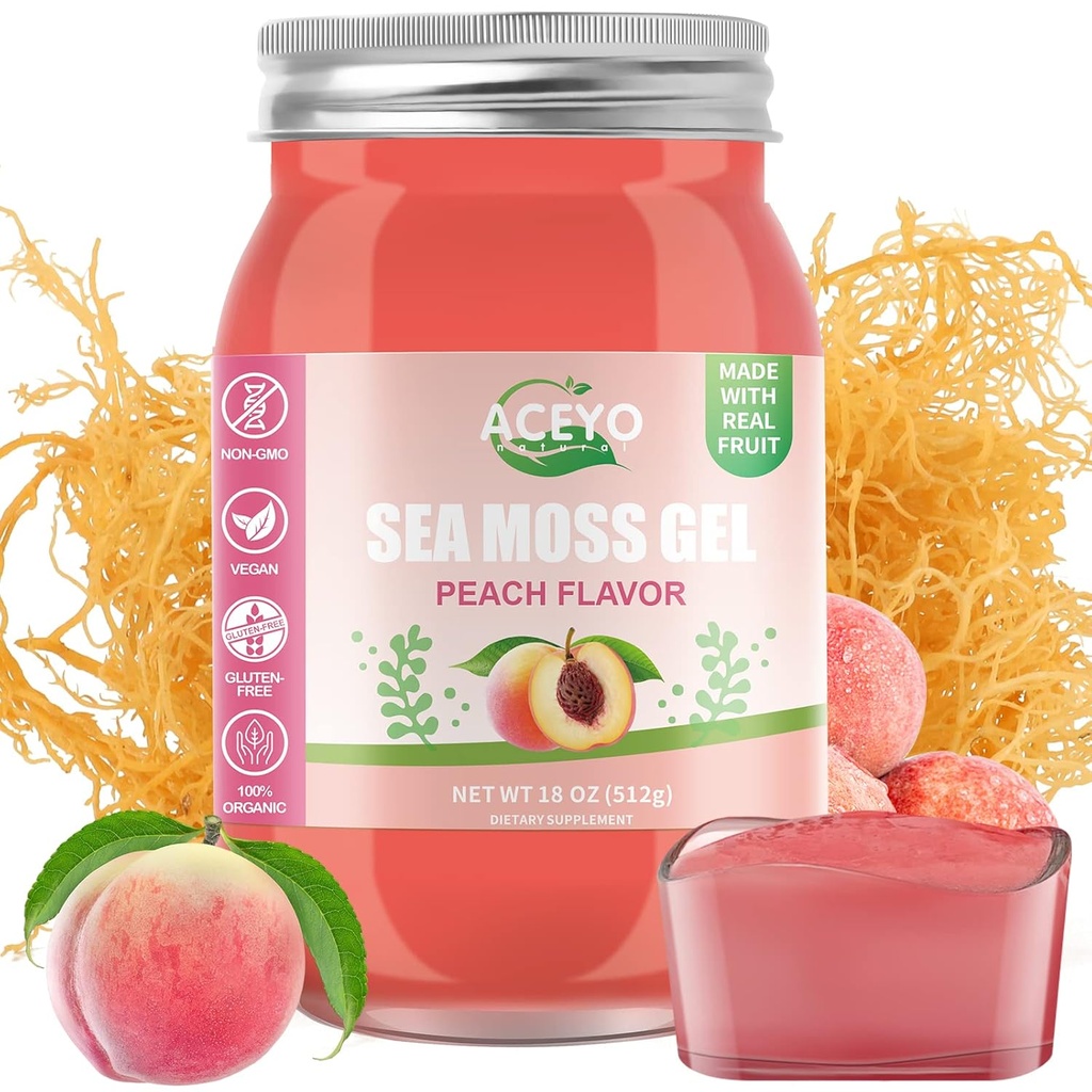 ACEYO (18 OZ) Irish Sea Moss Gel Organic Vegan Peach Flavor 102 Vitamine și Minerale Wild Harvested non-GMO Immune Defense Booster tiroida suport digestiv