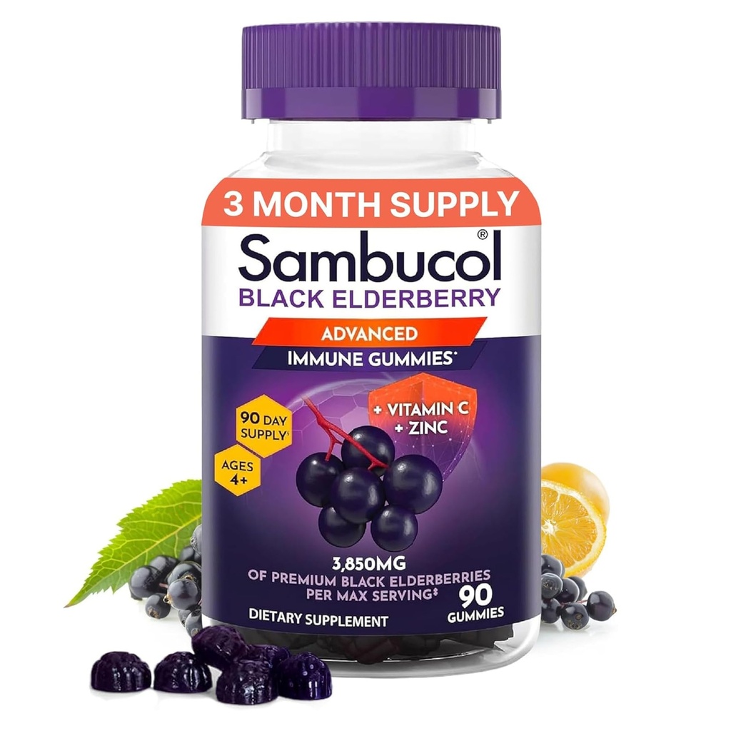 Gume de sambucol elderberry pentru adulţi cu vitamina C; Zinc; Sambucus gumies pentru suport imunitar cu antioxidanţi mari; Gluten gratuit; Vegan; 1 gumă per servire; 90 Conte (90 zile de aprovizionare)
