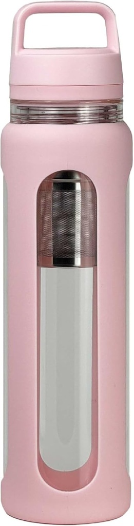 Sticla de apa din sticla de 20oz cu maneca de silicon, 600ml cana cu 2 Tier Lid (Gura de vata si gura mica directa de băut) cu Tea Leak Sticla - Gym Yoga Activitati exterioare (Pink)