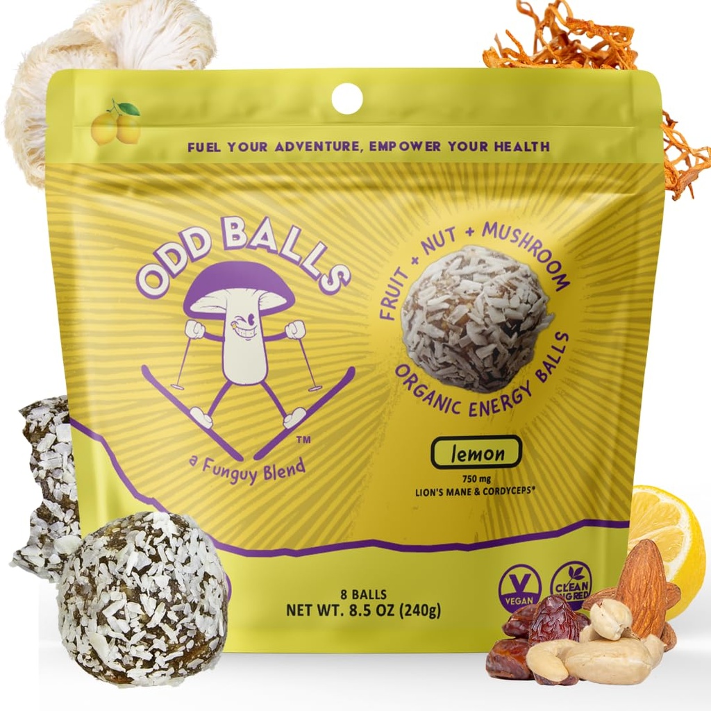 ODD BALLS Baluri de energie organică Lemon - Superfood Mushroom Snack - Rulare, Ciclism, Drumeţii - Geluri, Baruri Alternative - Conac de Leu Focus, Cordyceps Energie - Vegan, Gluten Free Snacks pentru copii şi adulţi