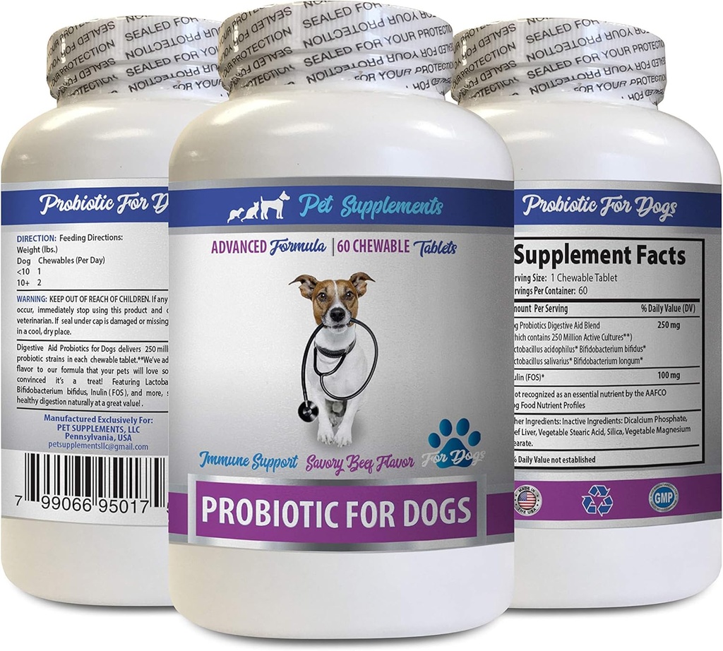 Caine Bad Respirație Produse - PROBIOTICS pentru câini - Sanatos Gut - Opriți diareea gazelor și respirație proastă - Digestive Boost - Probiotice câine masticabil Buddy - 1 flacon (60 tratează)