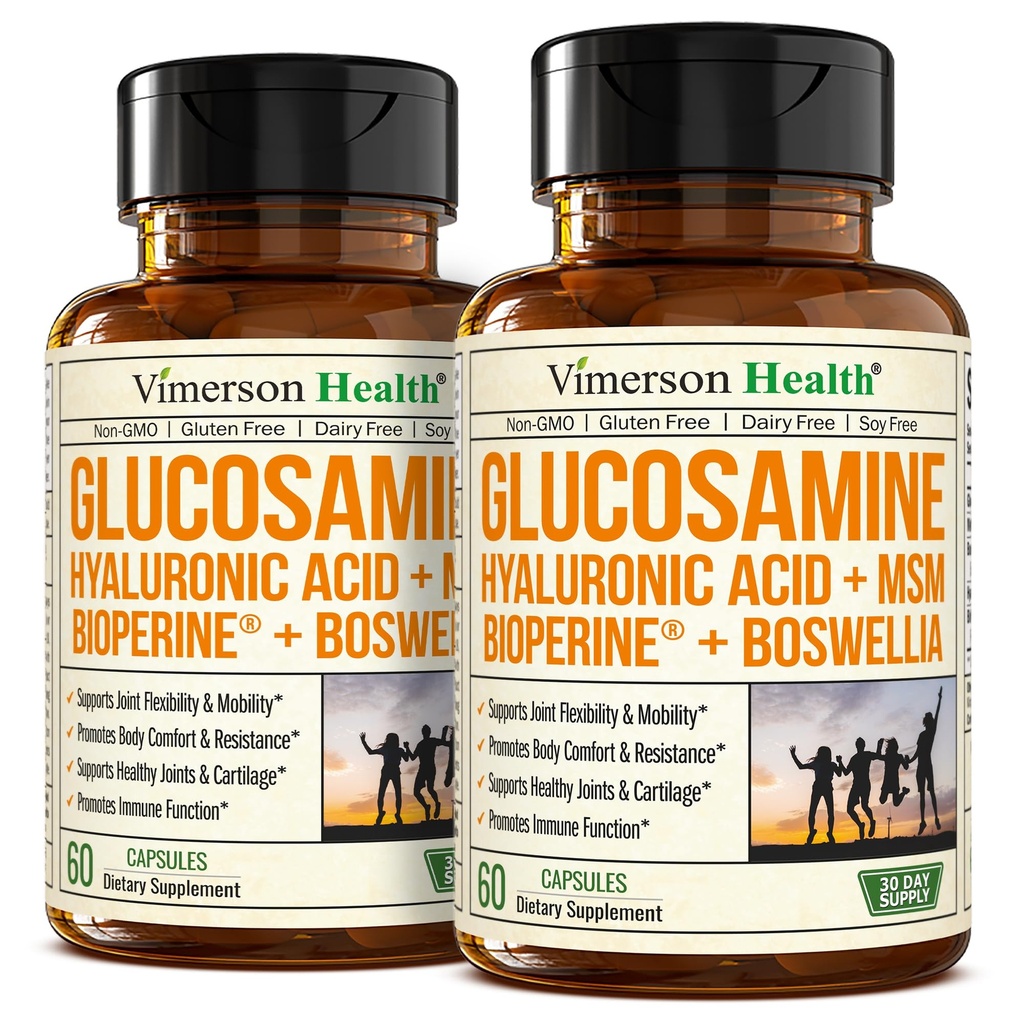 Glucosamine sulfate cu acid hialuronic, Boswellia, Black Pepper & MSM Suplimente combinate 5-in-1 pentru barbati si femei Sănătatea articulară, Mobilitate şi concentraţie osoasă
