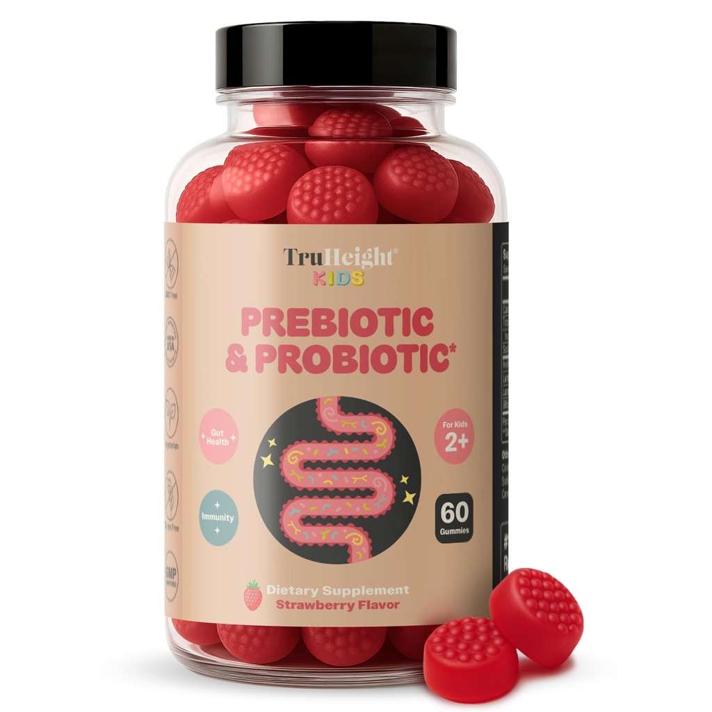 TruHeight Kids Prebiotic & Probiotic Gummies Vârstele 2+ (Arovă de fructe de pădure) Copii & Copii Toate Natural Gut Sănătate, Enzime Digestive & Constipație Supliment de ajutor - Vitamine recomandate pediatric