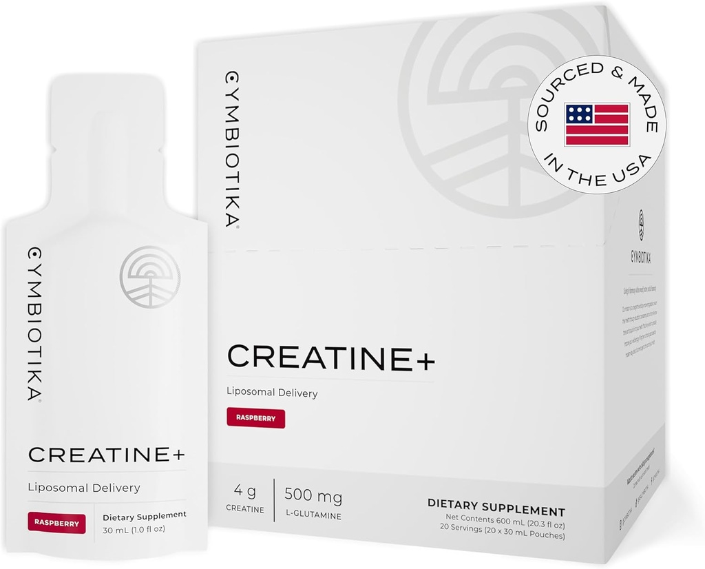 CYMBIOTIKA Creatina+, Creatina si Glutamina Supliment pentru Amino Energy, Recuperare, Mass musculare & Brain Support, Livrare lipozomala, Gluten gratuit & Vegan, Aroma de zmeura - 30ml pungi (Pachet de 20)