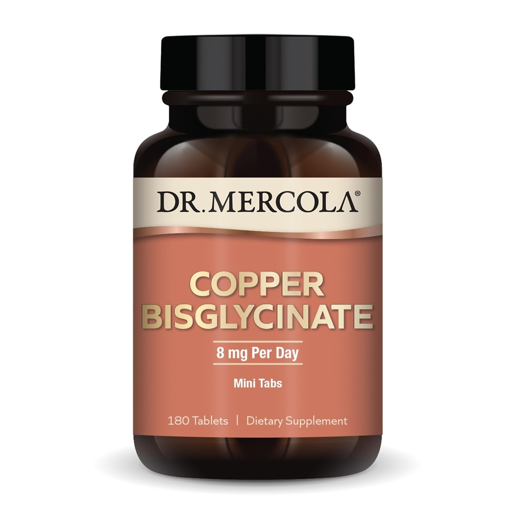 Dr. Mercola Copper Bisglicinat, 90 Servings (180 comprimate), Suplimente dietetice, 8 mg pe zi, Mini Tabs, Sprijină Sănătatea generală, Non OMG