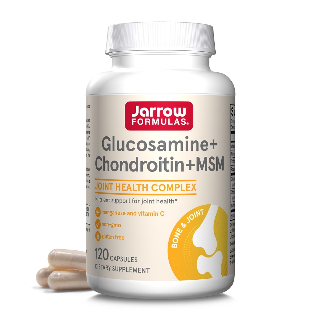 Jarrow Formulas® Glucosamină + Chondroitin + MSM Capsule, Supliment comun de sprijin cu vitamina C și mangan, 30 capsule, 120 zile de aprovizionare
