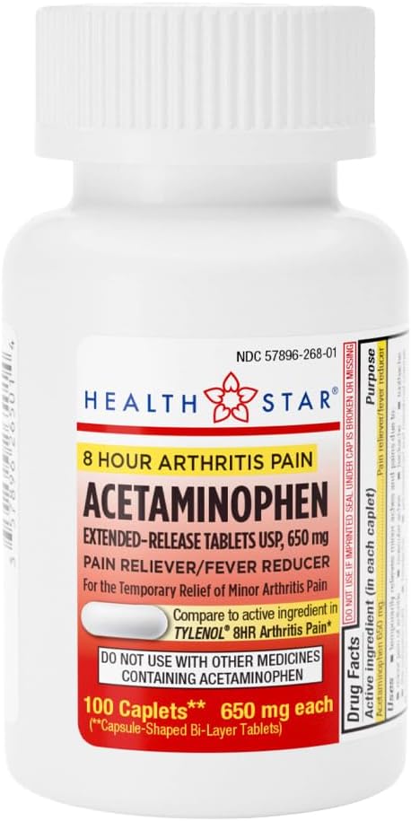 GeriCare Acetaminofen Extended-Release Artrită 650 mg Caplete, Reliever durere, Simptome de artrită, Reducerea febrei, 100 Conte (Pachet de 1)