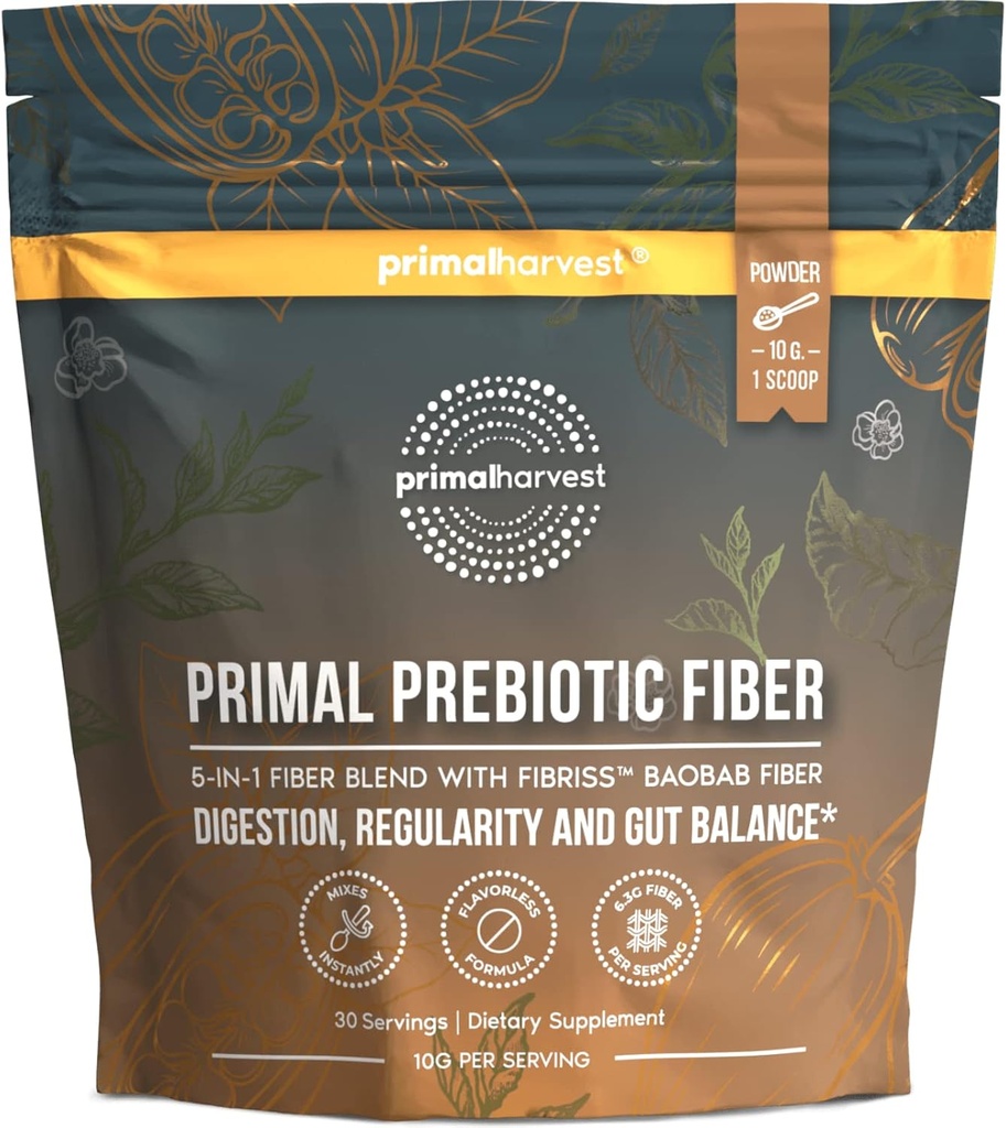 Primal Harvest Prebiotic Fiber Powder Unflavored, 30 Serviri 5 în 1 Supliment de zi cu zi cu organic Acacia și Fibriss organic Baobab pulbere.