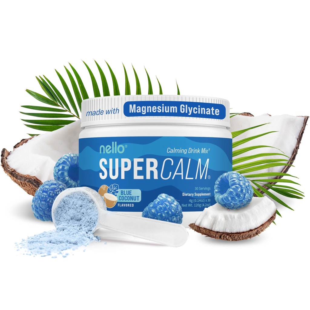 Nello Supercalm Powderd Drink Mix, Blue Coconut, L Theanine, Ksm-66 Ashwagandha, Magneziu Glycinate, Vitamina D 3, Suplimente pentru relaxare și concentrare, Nu zahăr, Non OMG-uri, Pe Go, 30 Srvgs