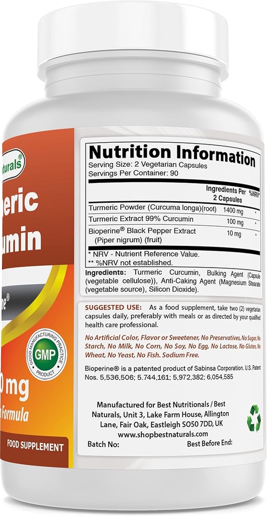 Curcumină turmerică 1500 mg cu Bioperină & Oxid de magneziu 500 mg