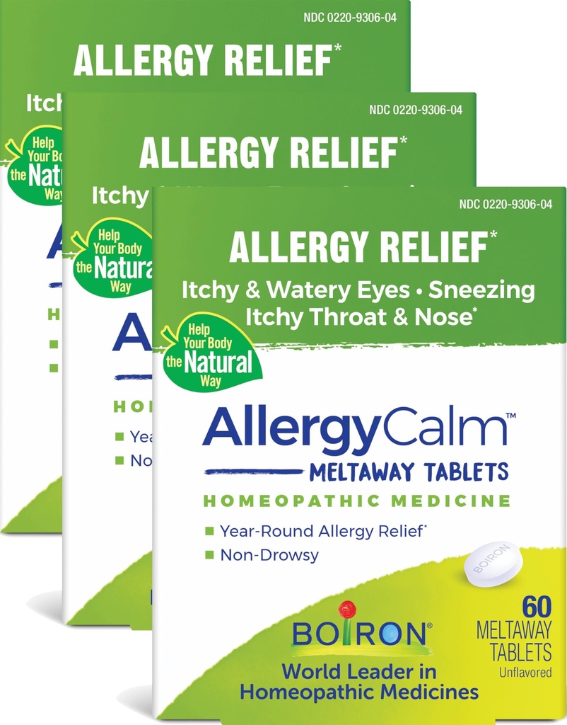 Boiron AllergyCalm Tablets 180 Count, Relief from Allergies and Hay Fever Simptome de strănut, Runny Nose, and Itchy Eyes or Throat, Allergy Calm Tabs (Formally RhinAllergy) (Pachet de 3 60ct Boxe)