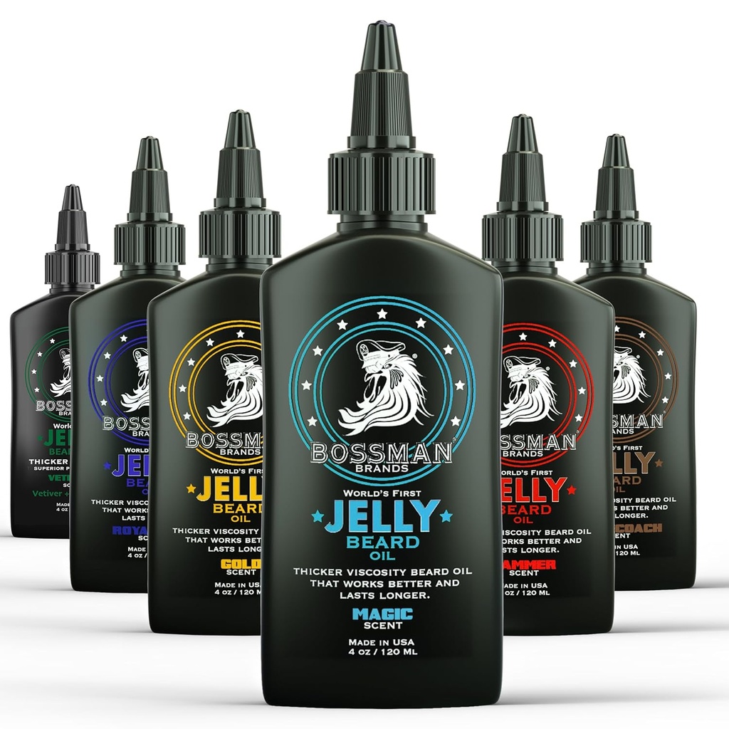 Bossman Jelly Beard Variety Oil Pack - Barbă de îngrijire și kit de creștere - Toate 6 Burtă Jelly Oil Scents - Made in USA