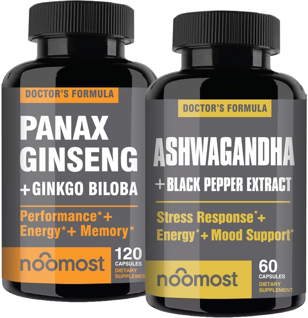 NooMost Autentic Coreean Red Panax Ginseng + Organic Ashwagandha cu Ginkgo Biloba & Black Pepper