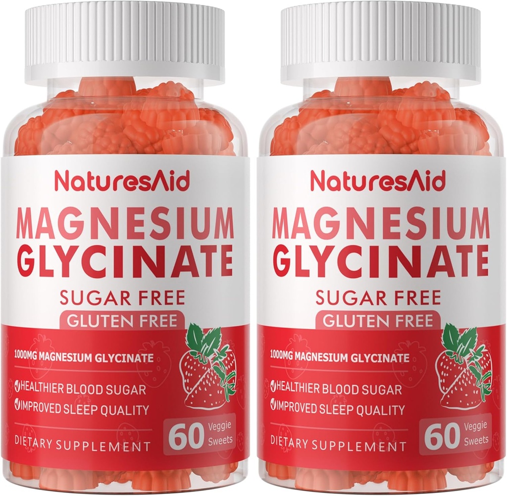 Magneziu Glycinate Gumries 1000mg - Zahăr gratuit de magneziu supliment de potasiu cu vitamina D, B6, CoQ10 pentru calm Mood & Sleep Support - 120 Căpșuni Gumies - 2 ambalaj