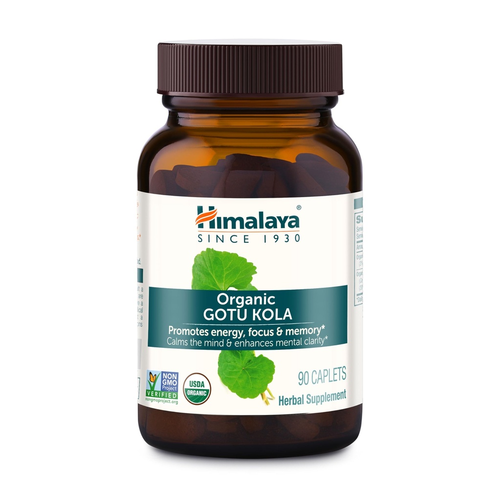 Himalaya Organic Gotu Kola, 45 de zile de aprovizionare - Herbal Nootropic Supplement with Adaptogens for Energy, Focus, Memory, and Calming Relaxation - Vegan, Non-GMO, Gluten Free, 650 mg, 90 Caplets