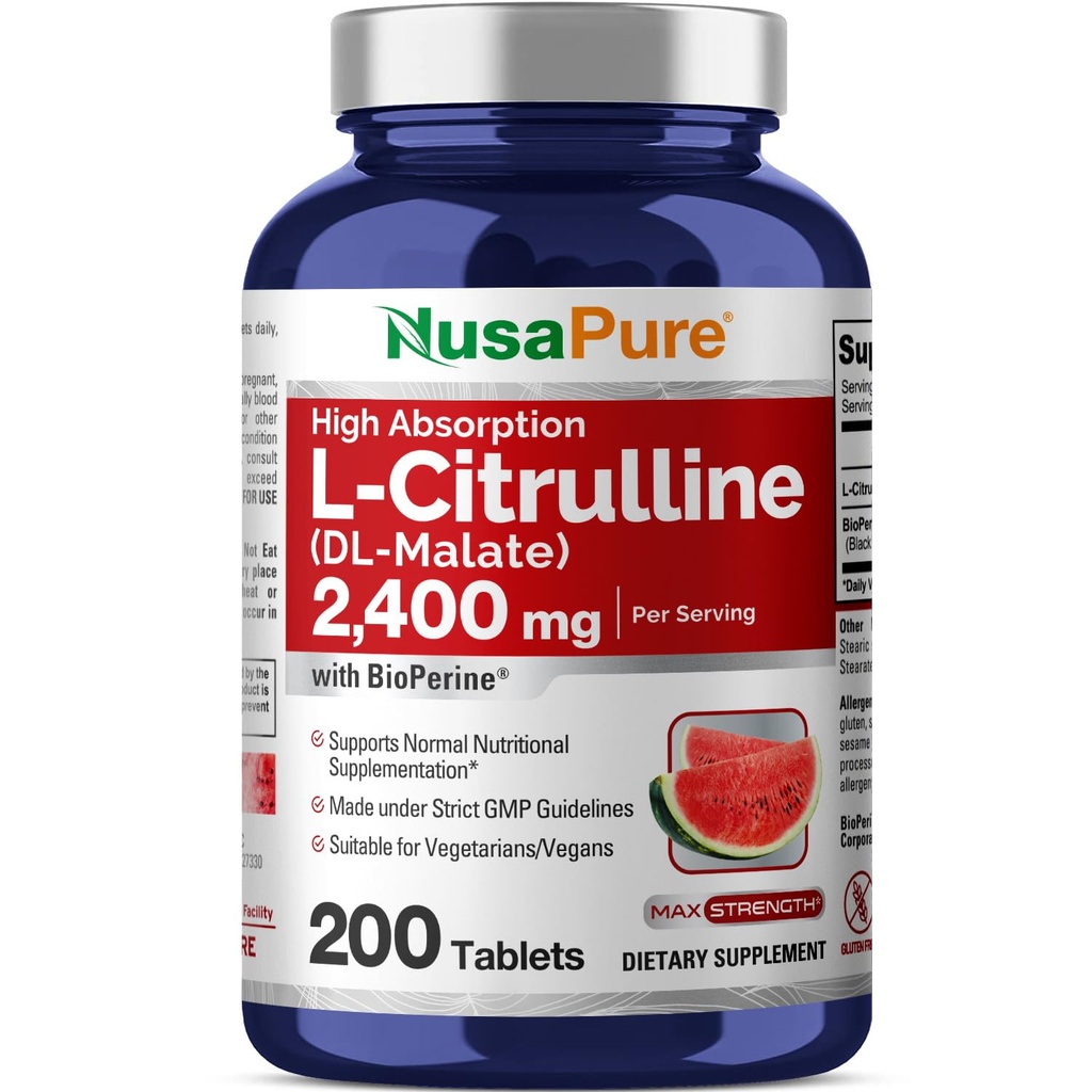 NusaPure L-Citrulline 2400mg 200 comprimate vegetariene (non-GMO, Gluten gratuit, 100-Day Supply, Bioperine)
