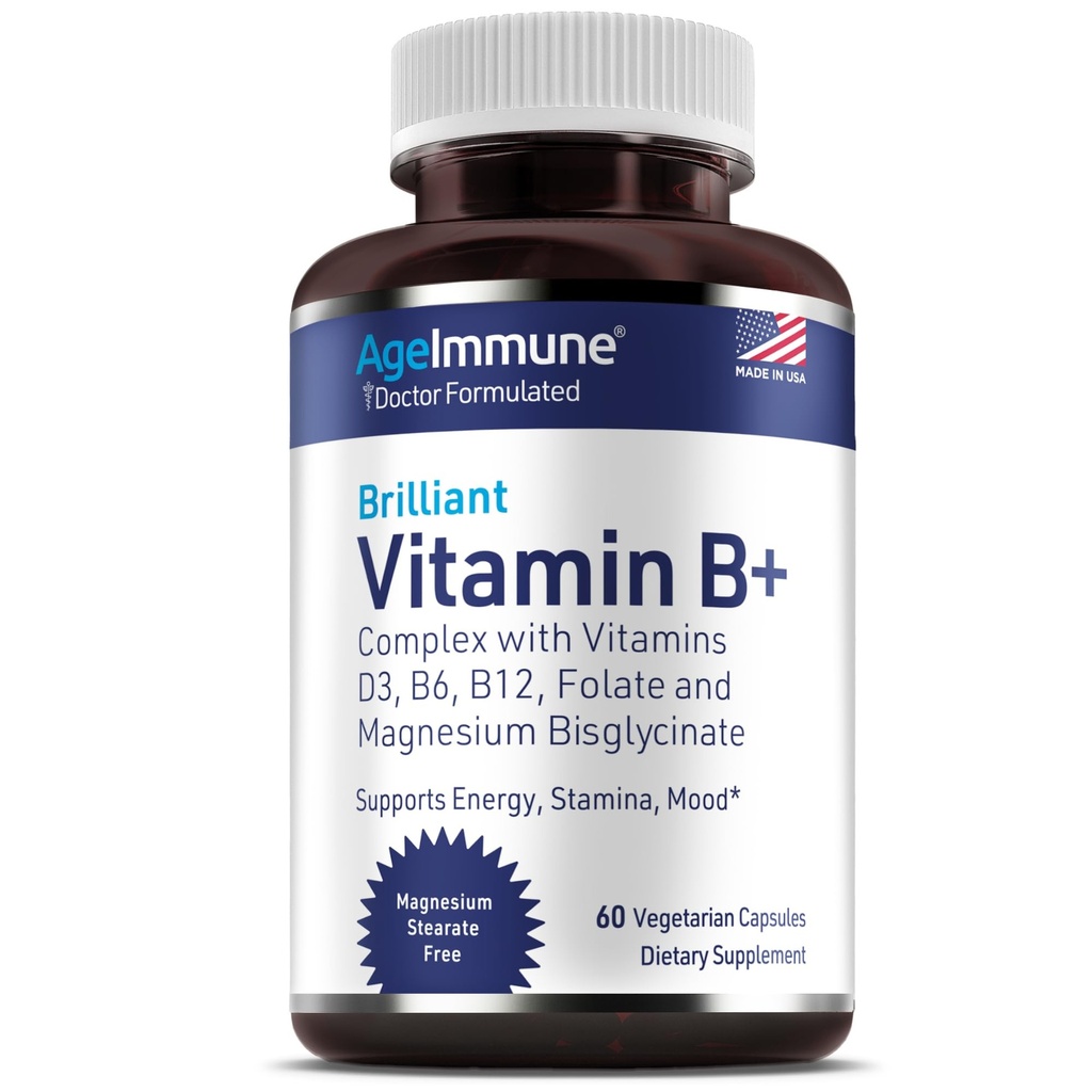 AgeImmune Vitamina B Complex cu vitamina D3 B12 B6 Magneziu Bisglicinat si Folat ca metilfolat - Doctor Formulat Metilat B Complex Supliment 