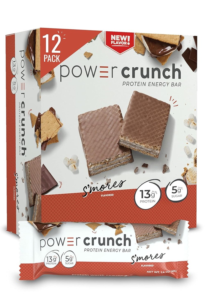 Power Crunch Protein Wafer Bars, Snacks de proteine ridicate cu gust delicios, S'Mores, 1.4 Ounce (12 Conte)