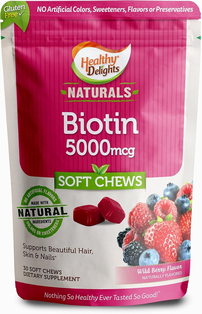Delights Sanatos Naturals, Biotin Soft Chews, Suporturi Lumstrous Hair, Glowing Skin & Strong Nails, Delicious Wild Berry Flavor, 30 Conte
