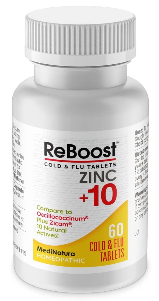 MediNatura ReBoost Zinc +10 MAX Cold & Flu Symptom Relief Rapid-Acţionare, non-Drowsy naturale Soothing Homeopatic ajută la eliberarea întregului organism Disconfort, Tuse, Oboseală, Congestia - Lămâie - 60 comprimate