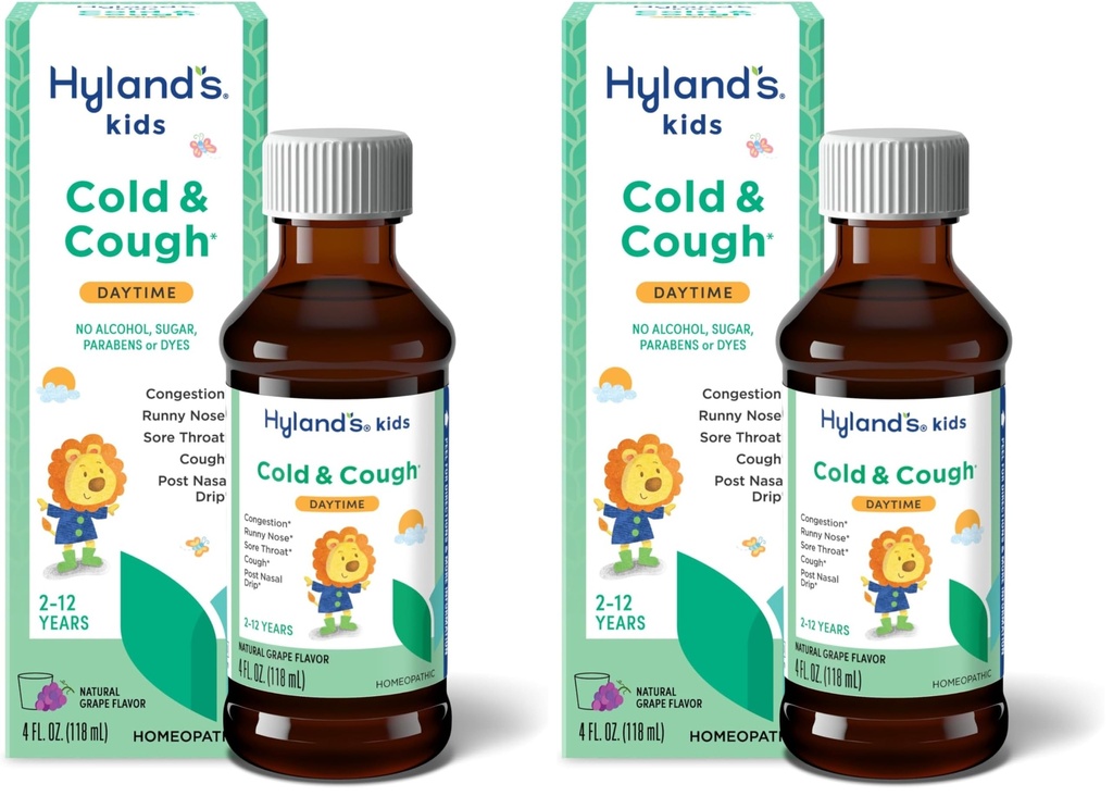 Hyland Naturals Kids Rece & Tuse, Daytime Aroma de struguri Cough Sirop Medicina pentru copii Vârsta 2+, Decongestionant, Sore Throat & Alergie Ajutor, Tratament Natural pentru Simptome Rece Comune, 4 Fl Oz