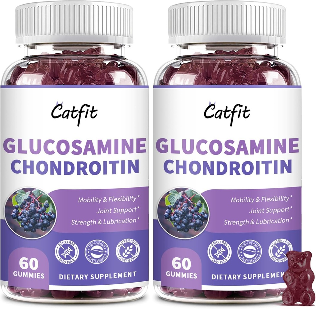 Catfit Glucosamină Chondroitin Gummies,Extra Putere comun de sprijin pentru sănătate cu MSM & Elderberry, Antioxidant Supplement de sprijin imunitar pentru adulți Bărbați și femei (2 ambalaj)