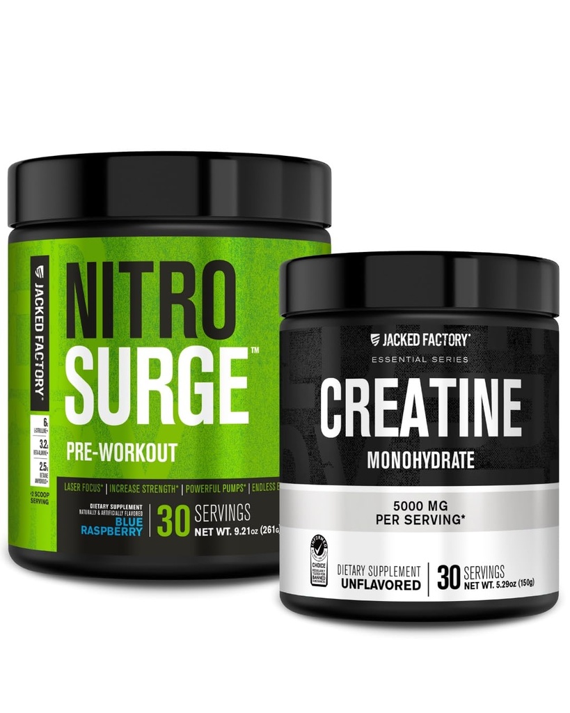 Fabrica Jacked NITROSURGE Suplimentul de antrenament pre (Blue Raspberry) Creatina monohidrat pulbere 150g pentru cresterea muschilor, cresterea fortei, cresterea energiei