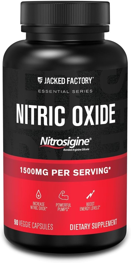 Fabrica Jacked Essentials Oxid de azot Booster - Brevetate L-Arginine Silicat 1500mg Pre Antrenament Supliment pentru cresterea musculara, pompe, vascularitate si energie - 90 Veggie pastile